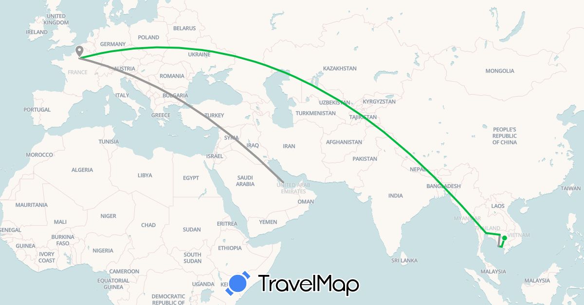 TravelMap itinerary: bus, plane in France, Cambodia, Qatar, Thailand (Asia, Europe)